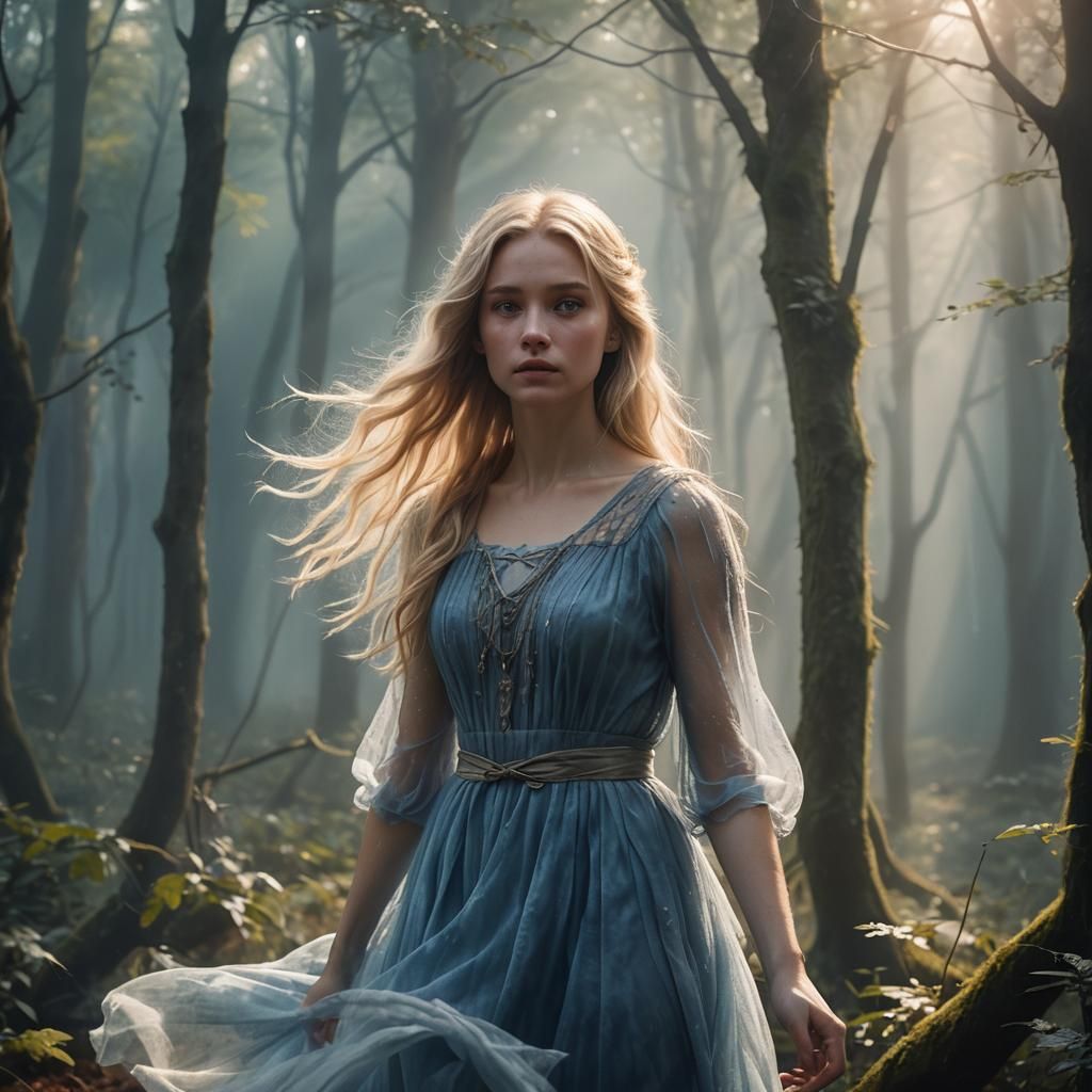 Ethereal Forest Scene with Girl in Blue Dress