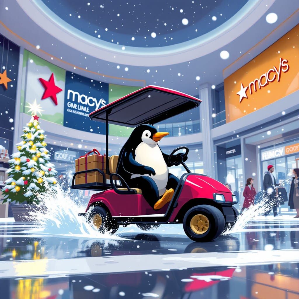 Penguin Drives Golf Cart in Macy's Store
