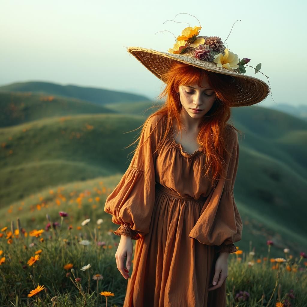 Woman in Surrealist Landscape with Wildflowers