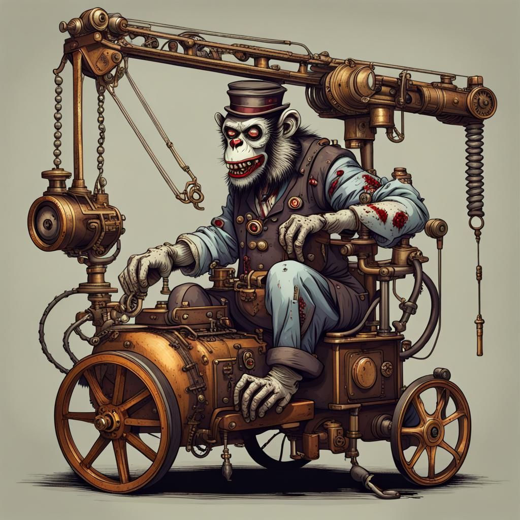 Zombie Monkey Monster Clown Operating a Crane