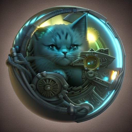 3D cute little kitten inside of a giant glowing orb, highly ...