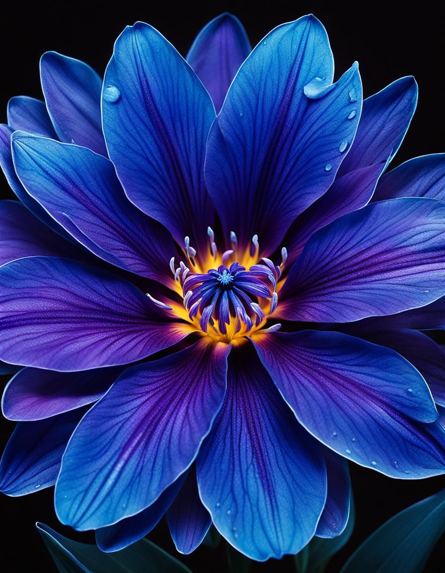 Generate an image of a rare, exotic flower in full bloom. The flower should have an otherworldly appearance, with biolum...