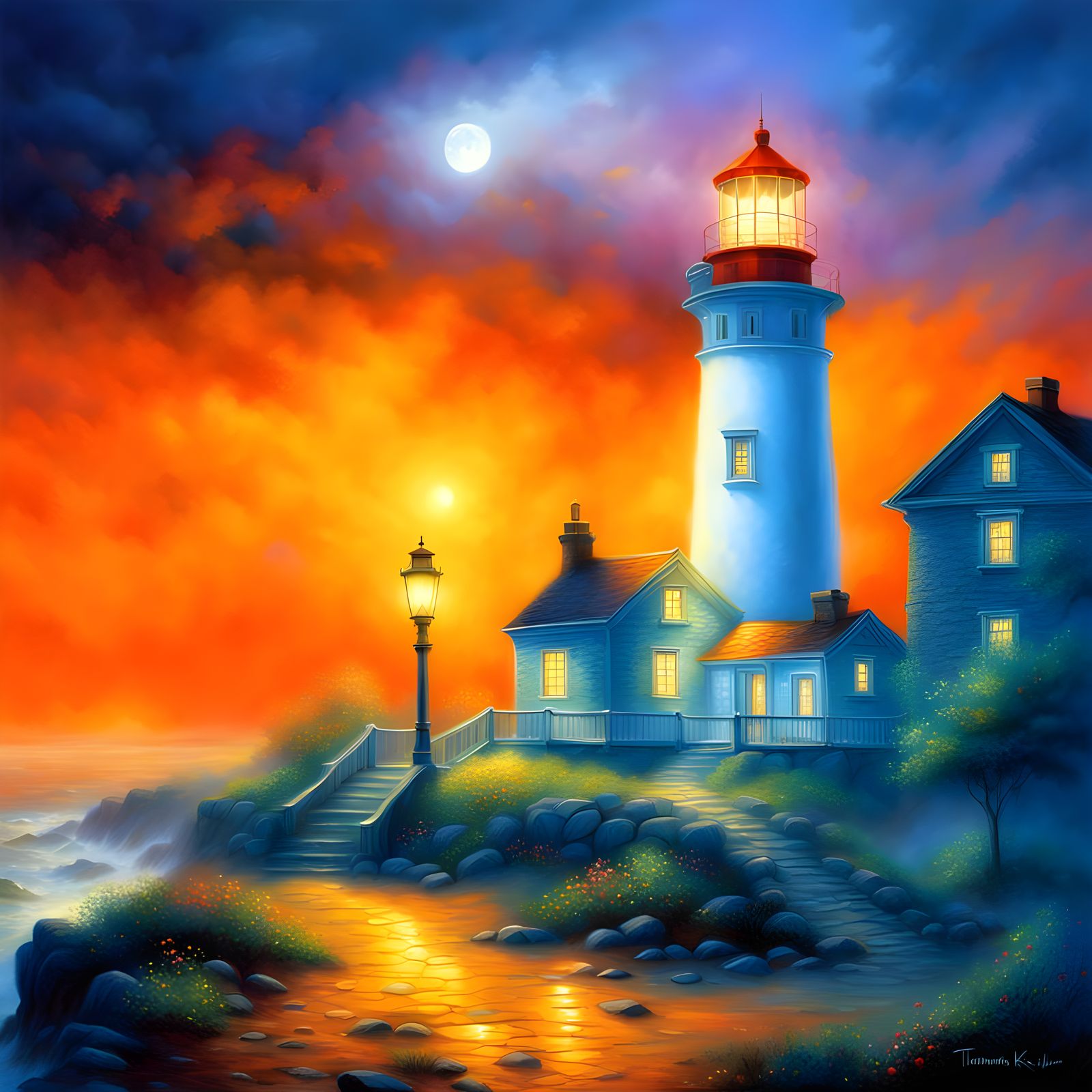 Ethereal Lighthouse Illuminates Foggy Night