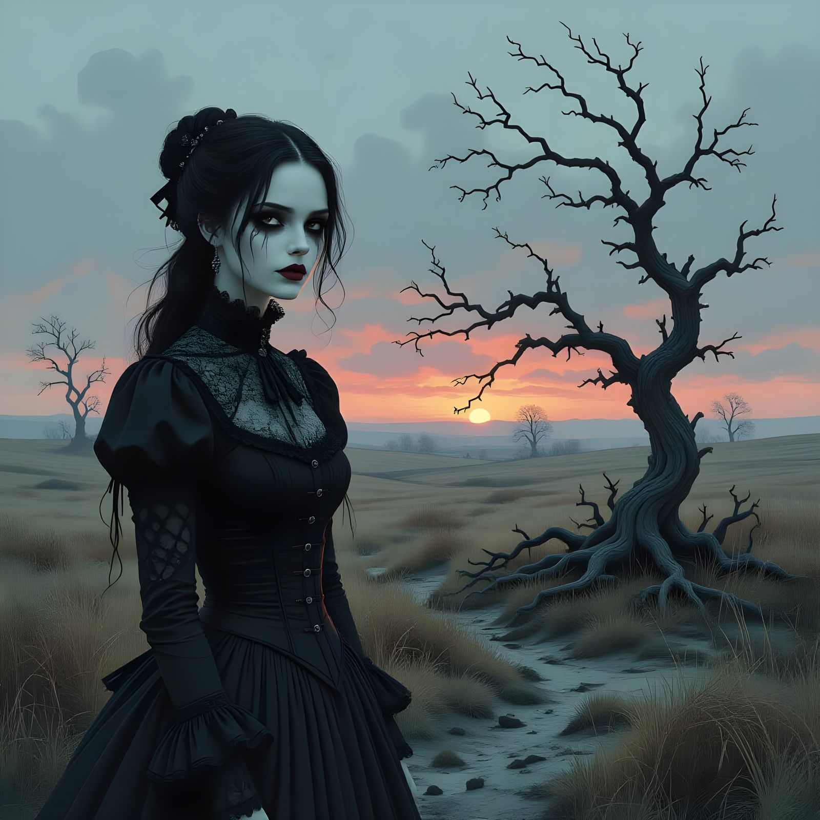 Gothic Woman on Windswept Moor in Digital Art Style