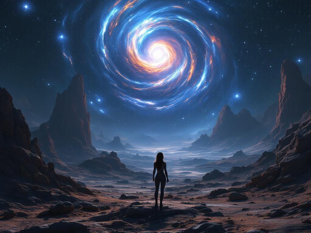 Astronaut on Alien Planet Gazing at Nebula