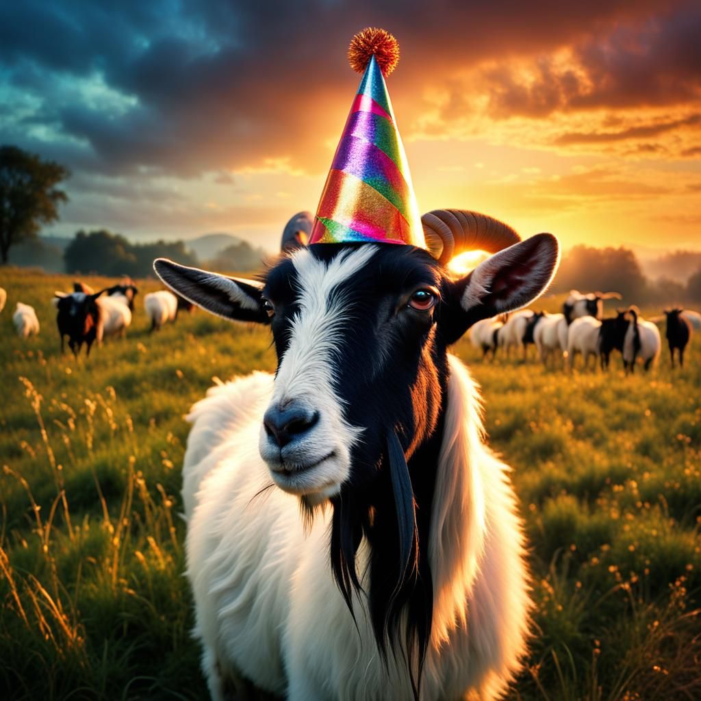 Goat Celebrates in Fantasy Pasture at Sunset
