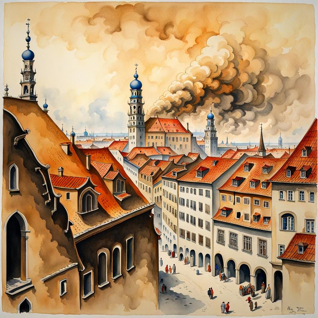 Sandstorm Over Munich in Watercolor and Ink
