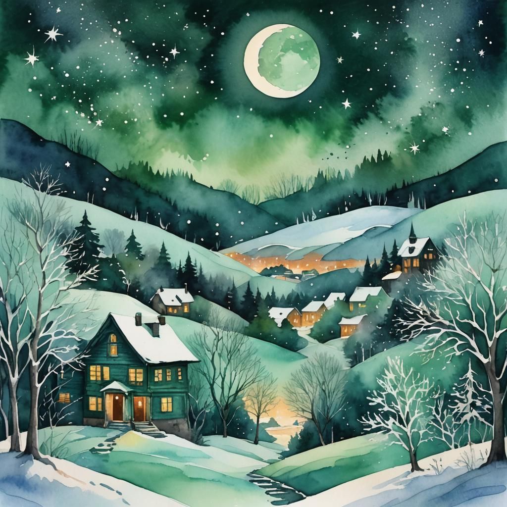 Winter Watercolor Fantasy Scene with Crescent Moon