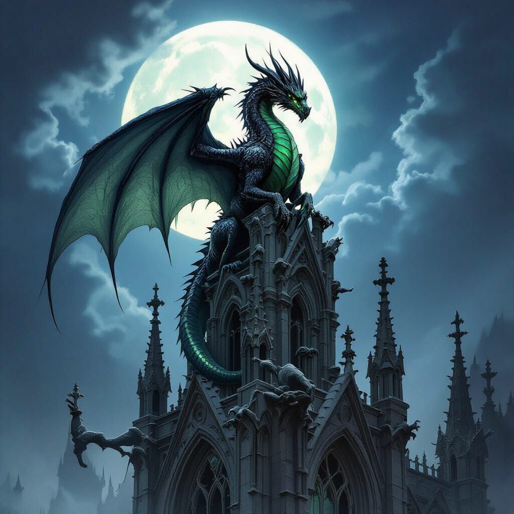 Majestic Dragon on Gothic Cathedral in Dark Fantasy Style