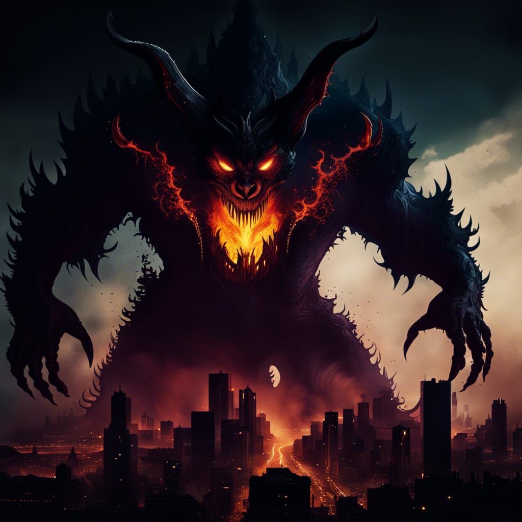 Giant Shadow Demon Over Floating City