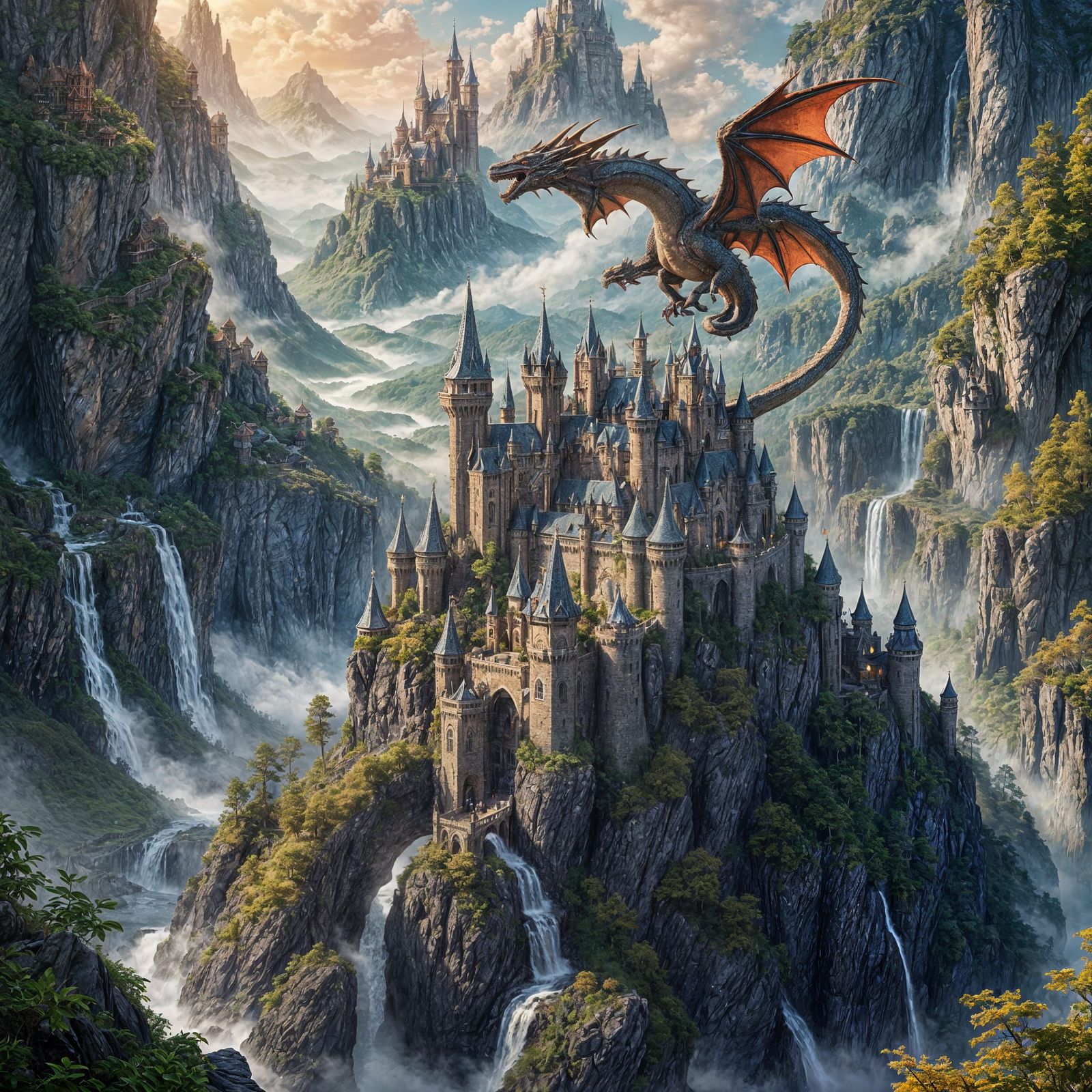 Detailed Dragon Castle Matte Painting in 8K