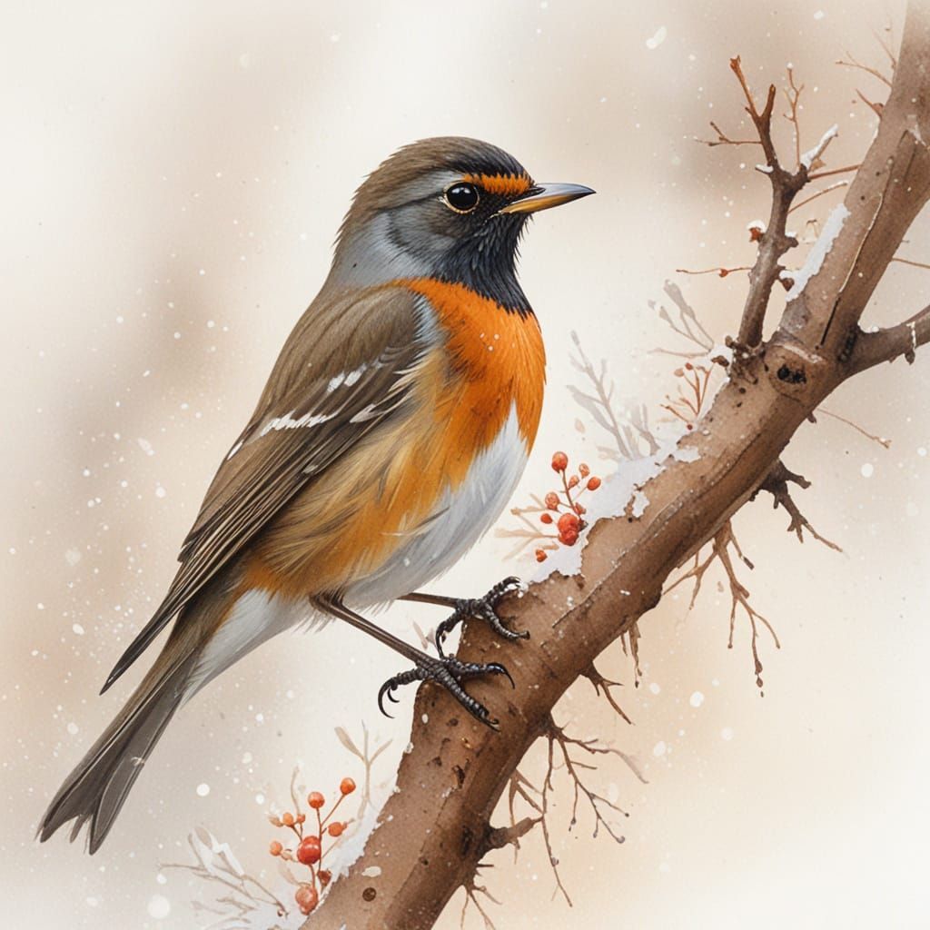 Robin in Snow Watercolor Painting