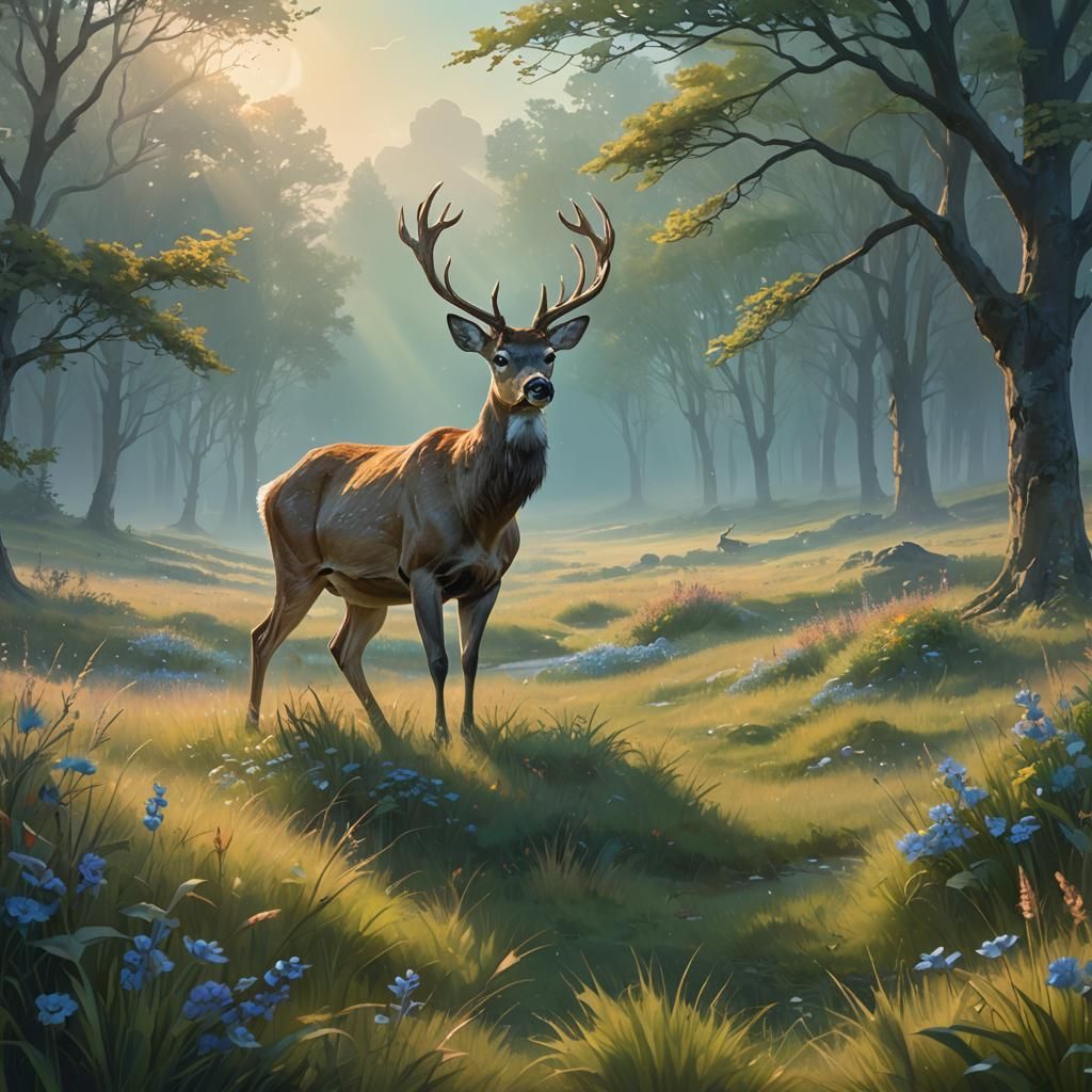 Large Deer Roams Meadows: Fantasy Oil Painting