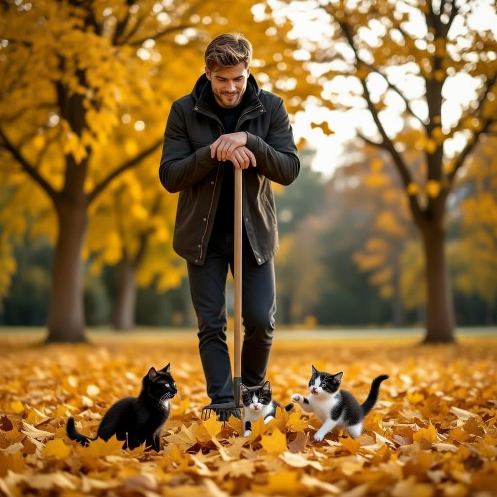 Man Amused by Kittens Playing in Autumn Leaves