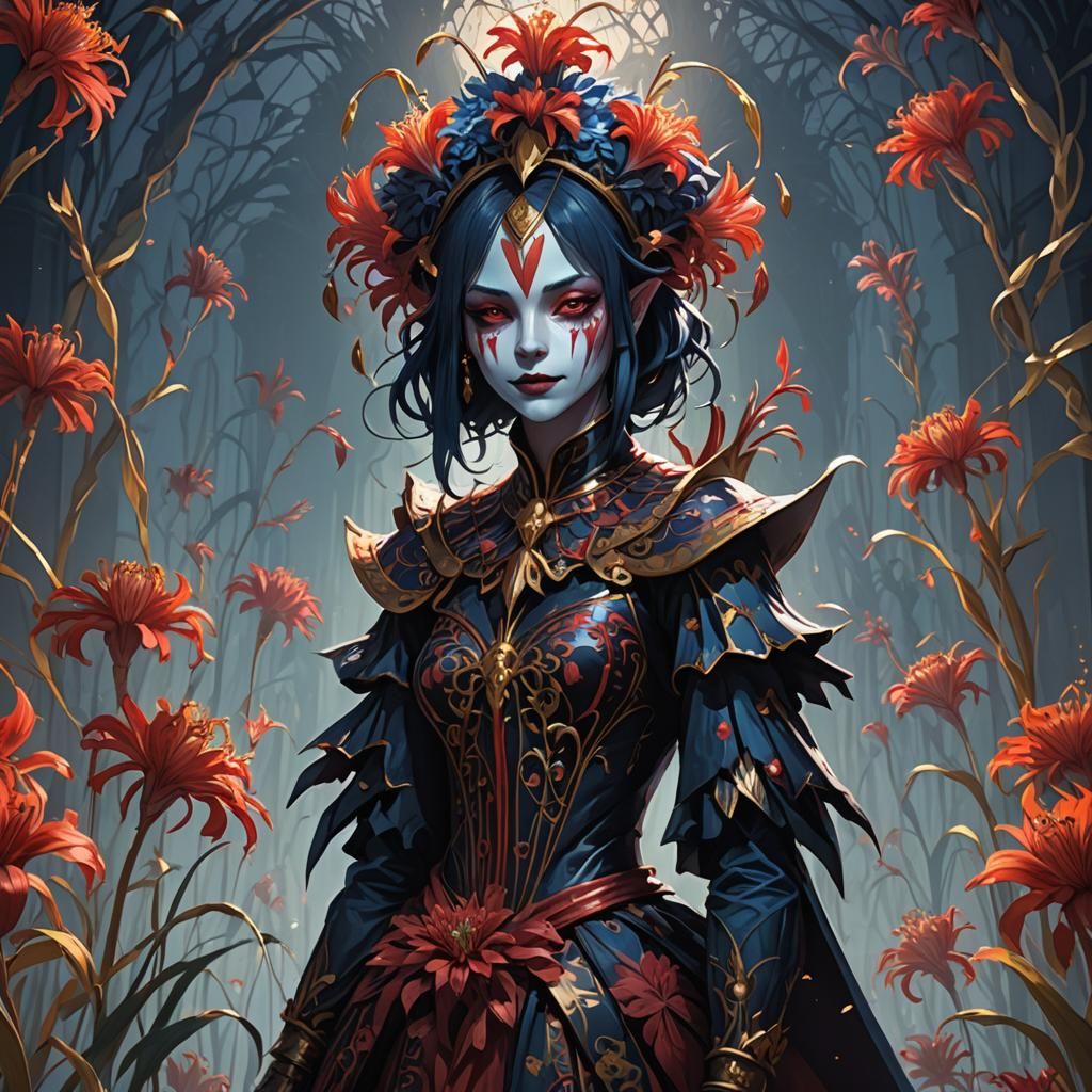 Ominous Jester with Radiant Flower in Anime Style