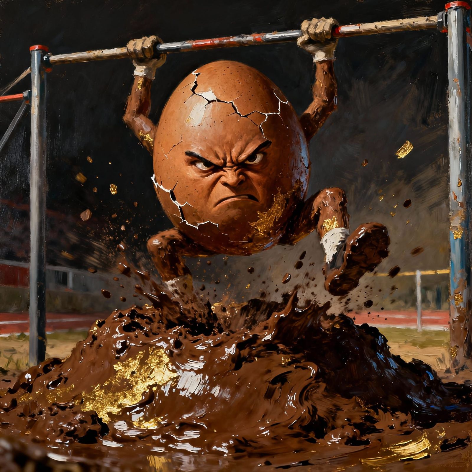 Scowling Egg Falls Into Mud Pile in Obstacle Race