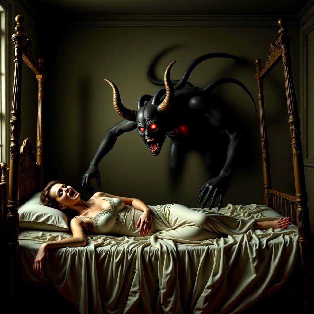 Woman Screams as Demon Approaches, in Dark Surrealism
