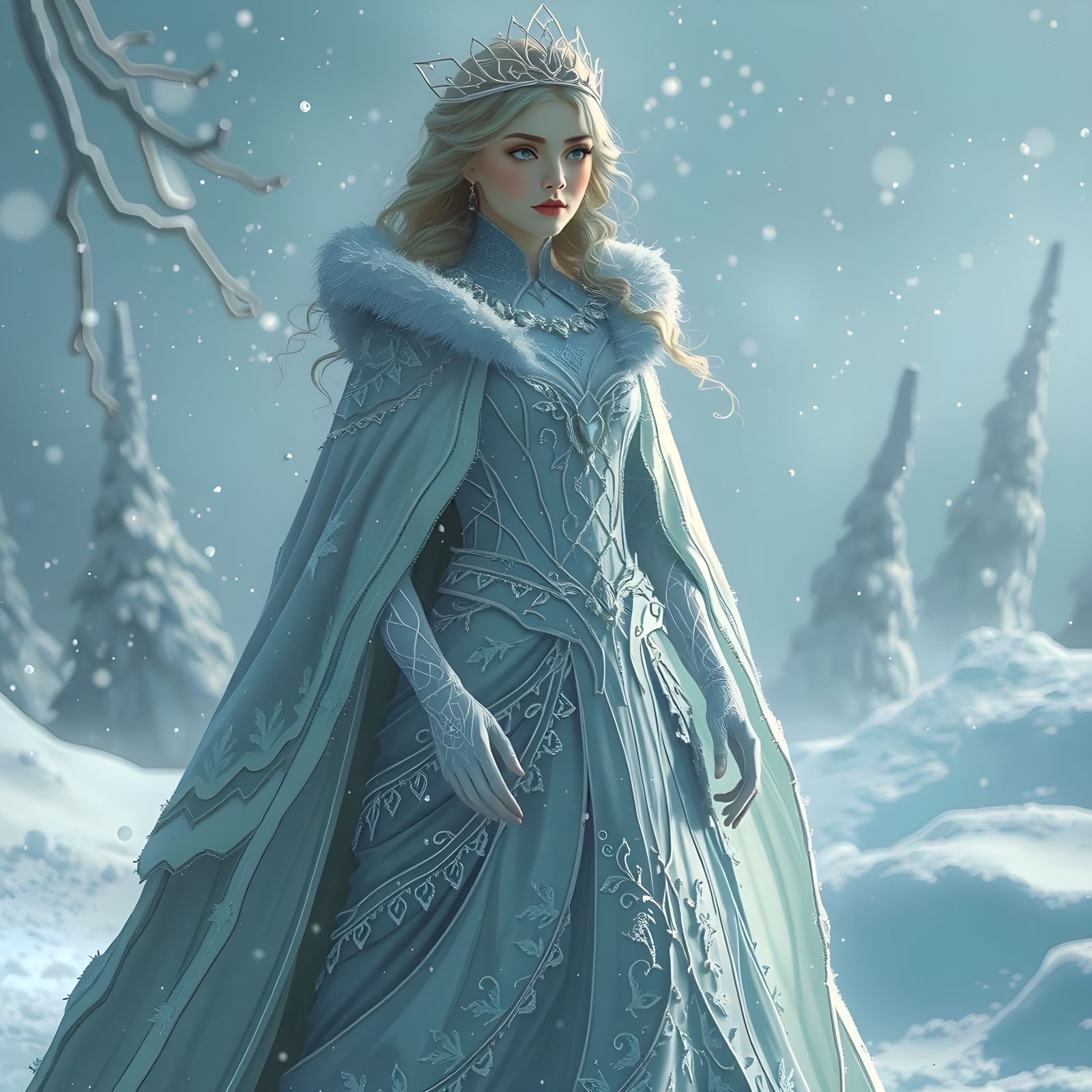Ethereal Ice Queen in Whimsical Winter Wonderland