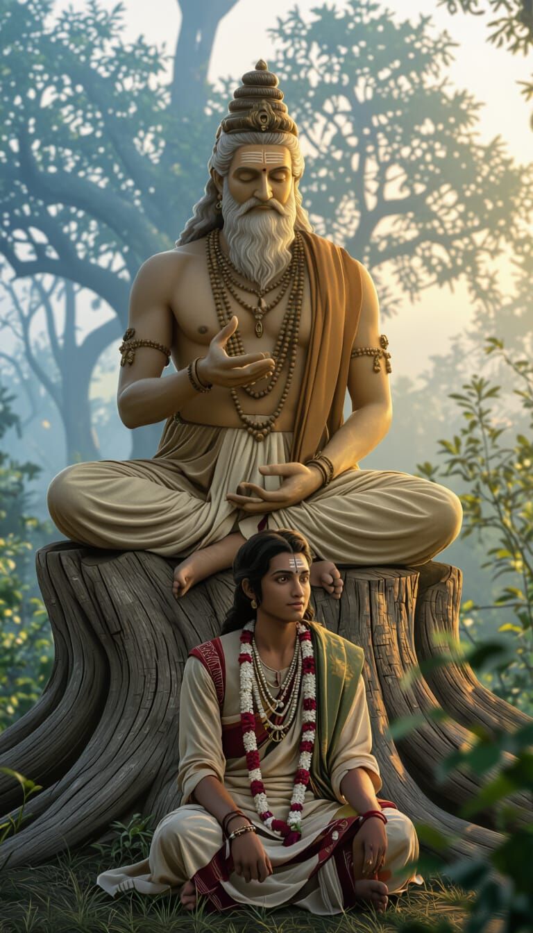 Elder Shares Wisdom in Tranquil Forest Dusk