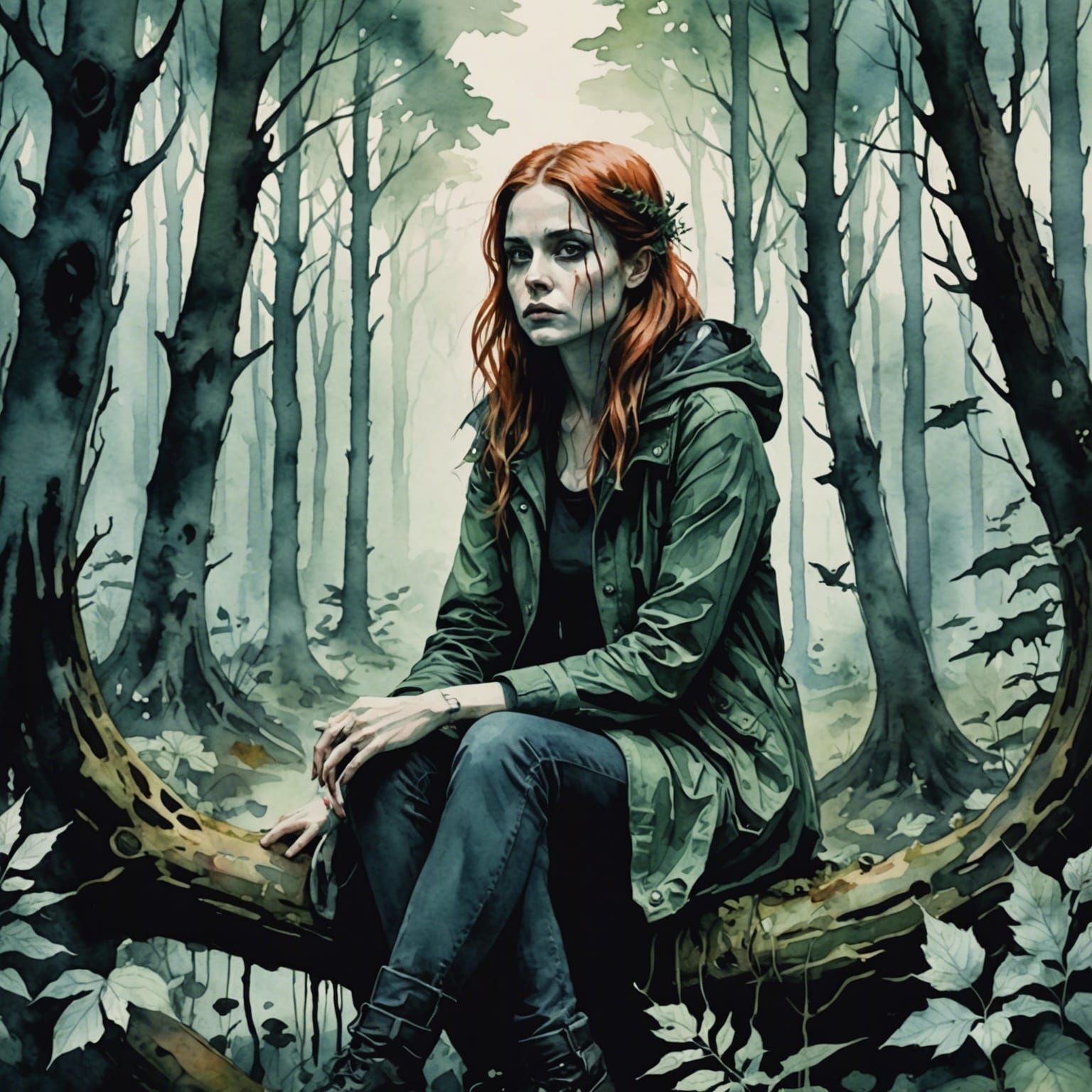 Creepy Forest Scene in Watercolor Style