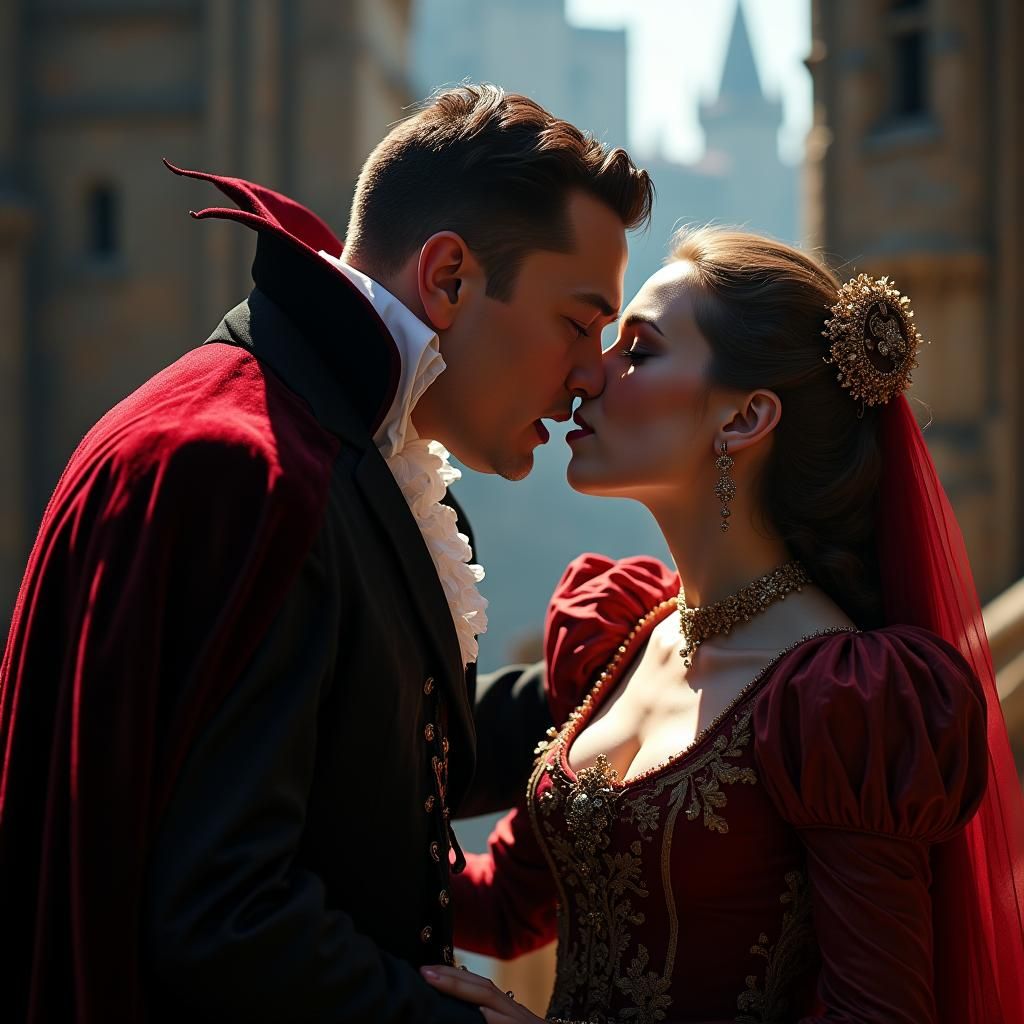 Vampire Elon Musk Biting Maiden: Digital Art