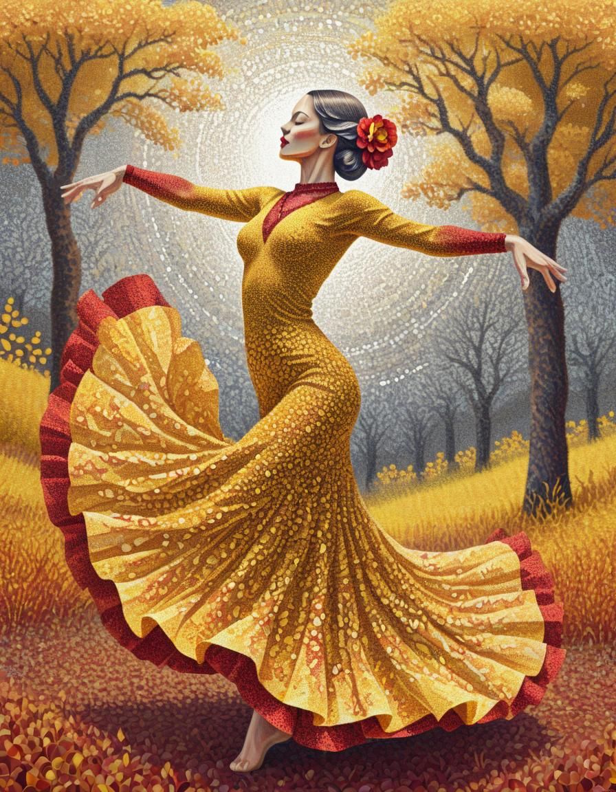 Flamenco Dancer in Virtual Pointillist Autumn Meadow