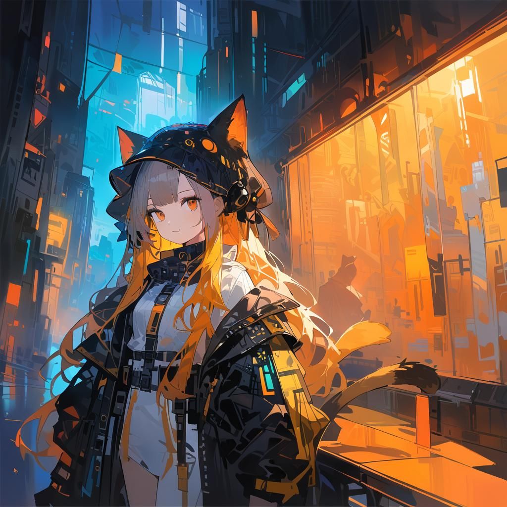 Cyberpunk Cat Sniper in Watercolor Style