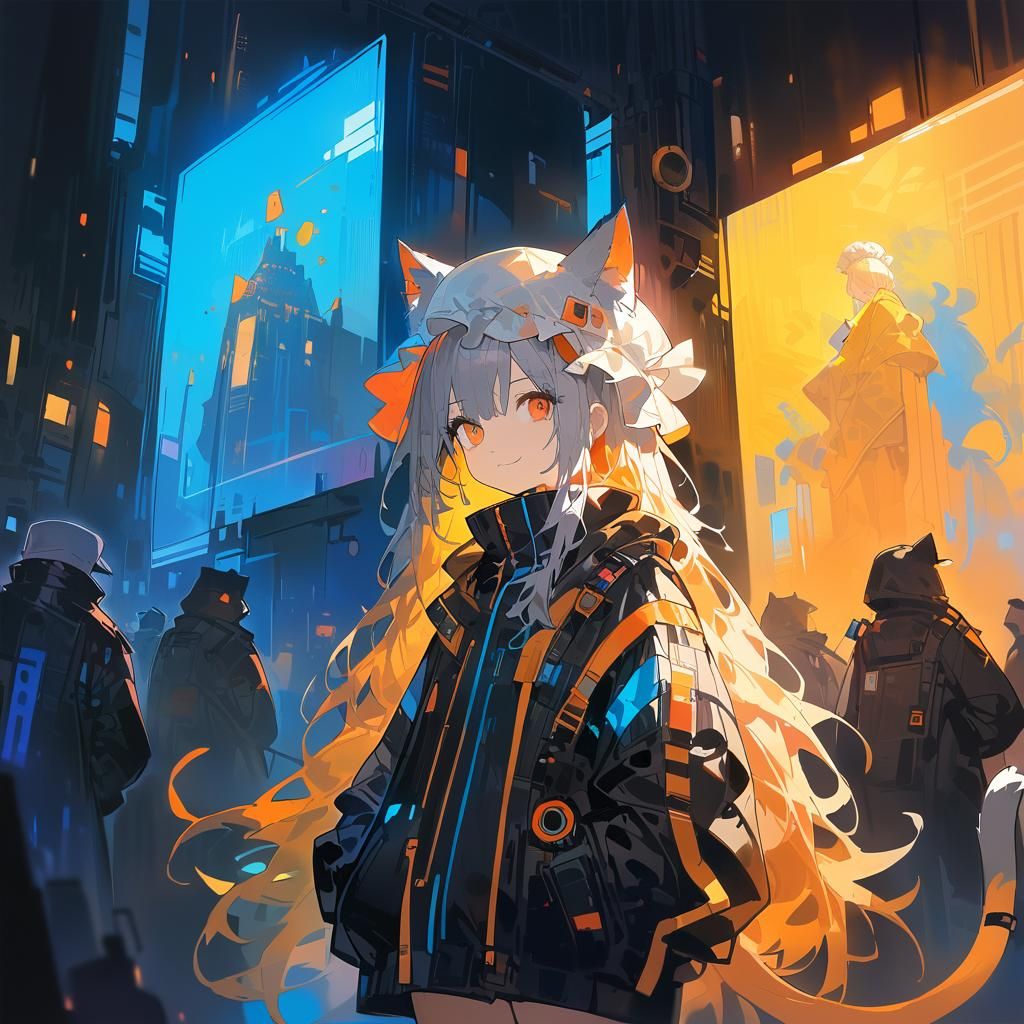 Cyberpunk Cat Sniper in Watercolor Style