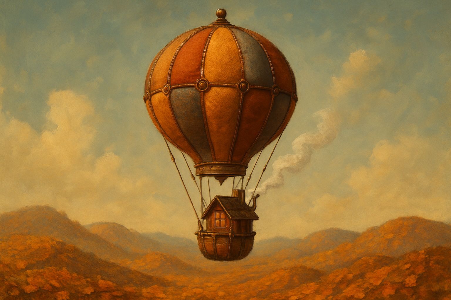 Steampunk Hot Air Balloon in Autumnal Landscape