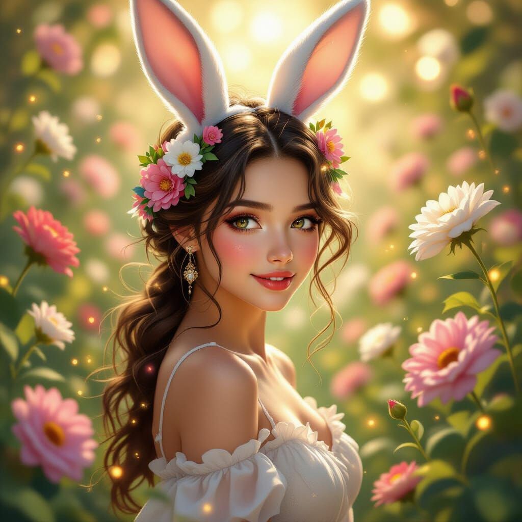 Enchanting Bunny Woman Among Flowers in Ethereal Light