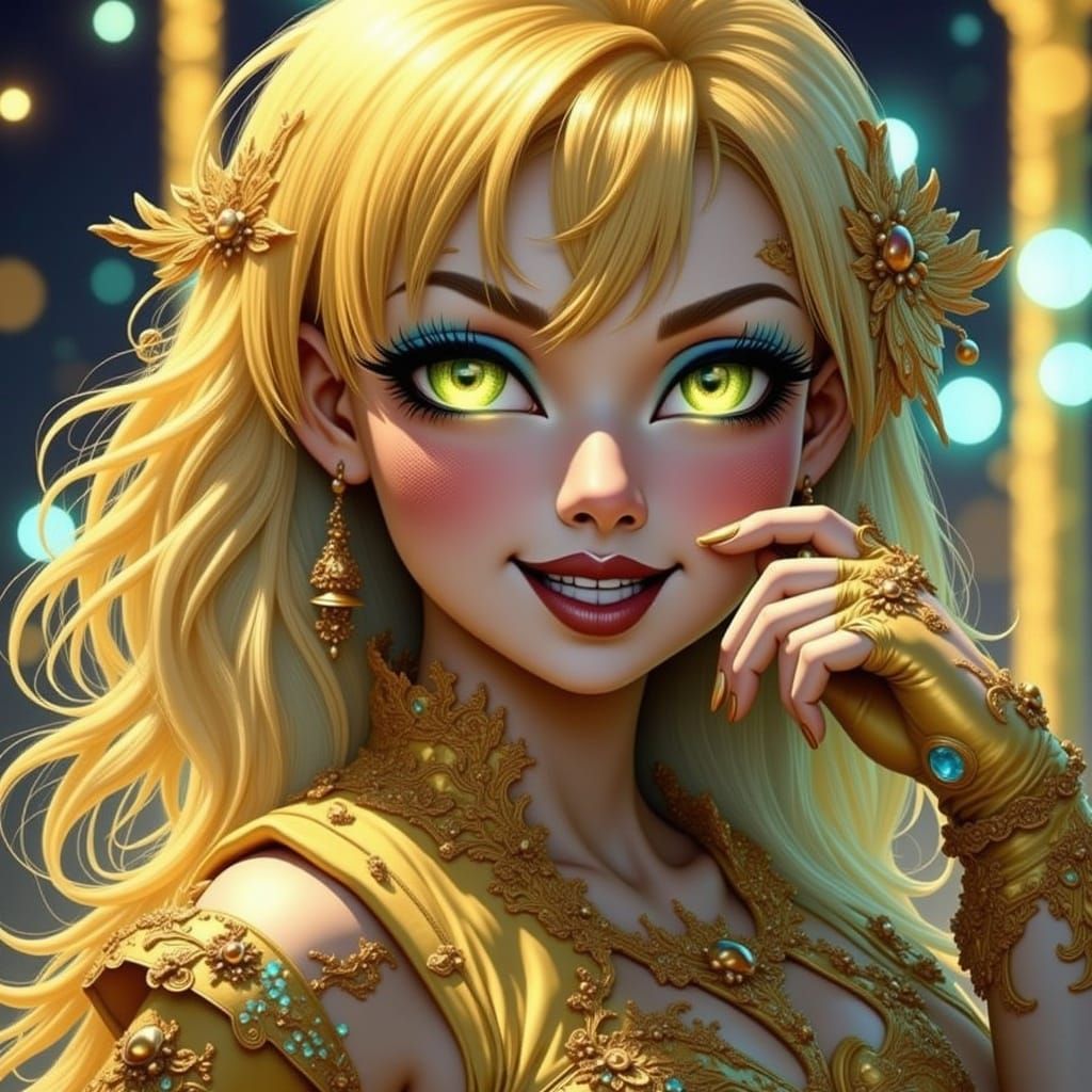 Alluring Woman with Metallic Eyes in Electric Light