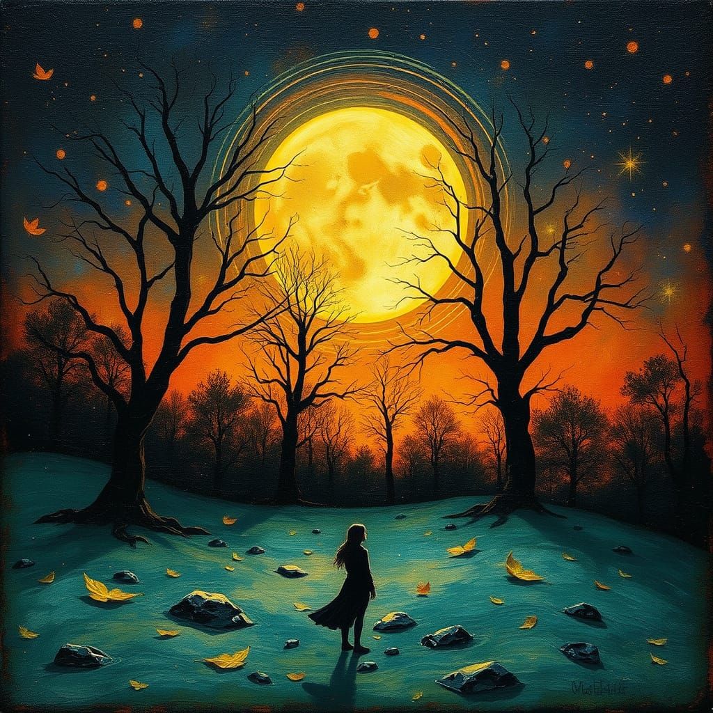 Glowing Autumn Dusk in Golden Ratio, Glitchcore Oil Art