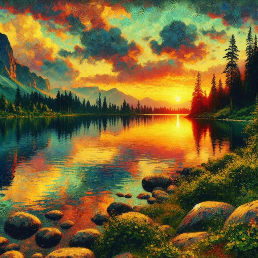 19th-Century Landscape Painting of a Serene Lake at Sunset