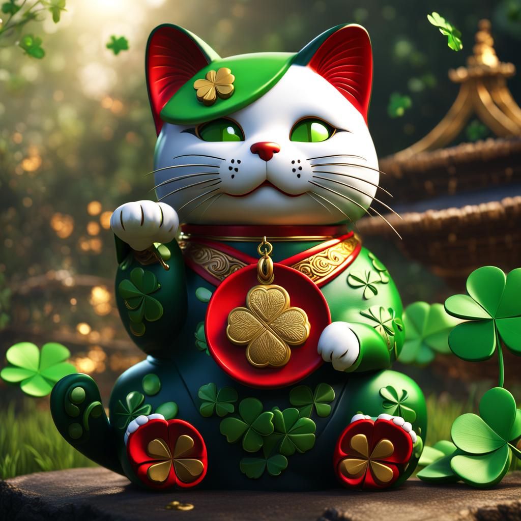 Maneki Neko with Four-Leaf Clover Collar