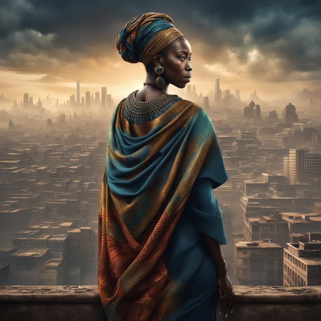 Dramatic Portrait of Woman Overlooking City