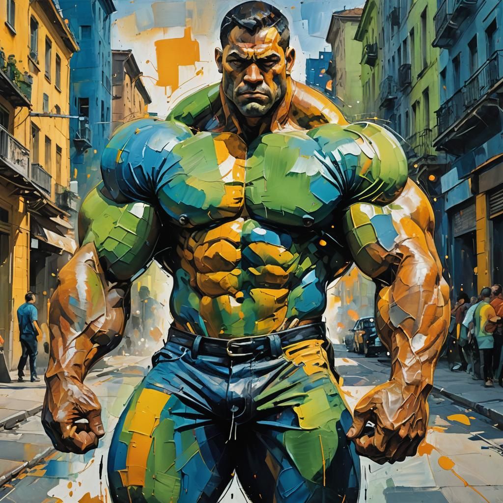 Giant Man Holding Car in Abstract Expressionism Style