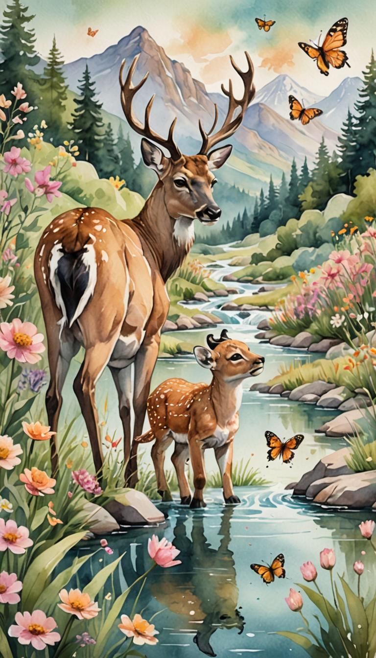 Deer and Lion Cub Play in Whimsical Watercolor