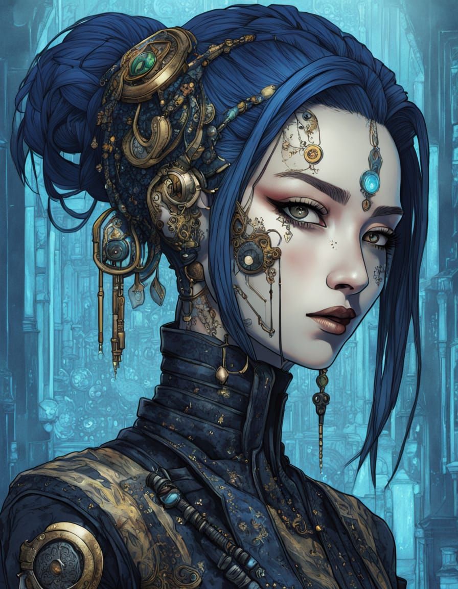 Cyberpunk Girl in Victorian Gown with Tarnished Cybernetics