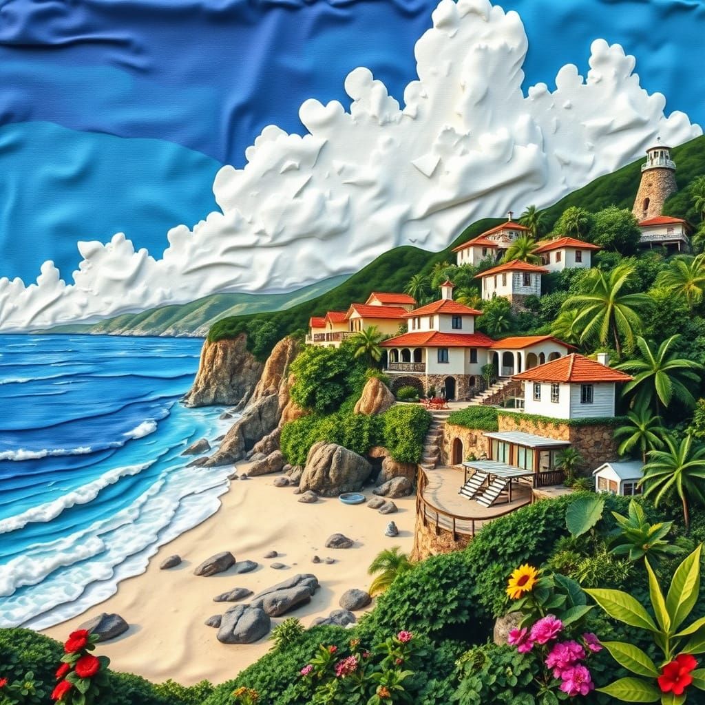 Vibrant Fabric Art Depicts Tropical Island Cliffside Homes