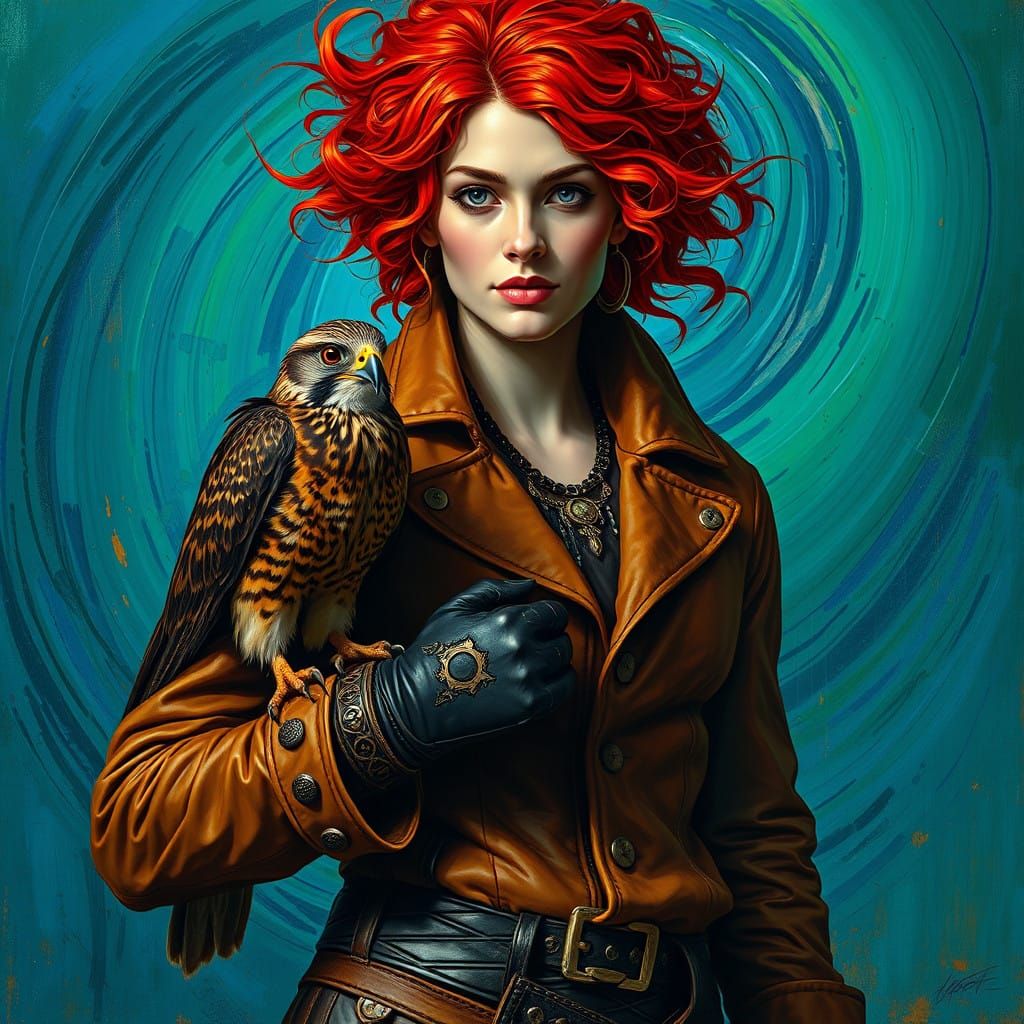 Regal Falconer with Wild Red Hair in Vibrant, Abstract Lands...