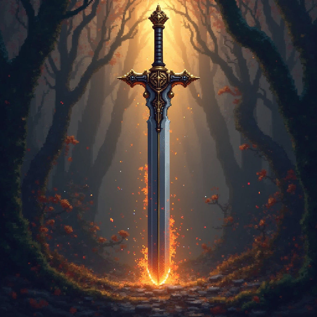 Medieval Pixel Art Sword in Matte Painting Style