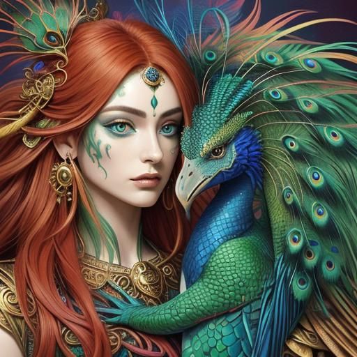 Dragon Woman Portrait in Klimt-Inspired Abstract Art