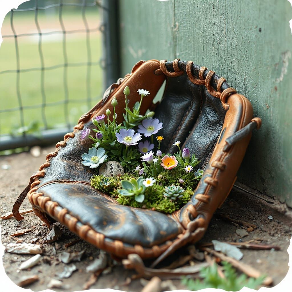 Whimsical Garden Oasis in Baseball Glove, Watercolor Art