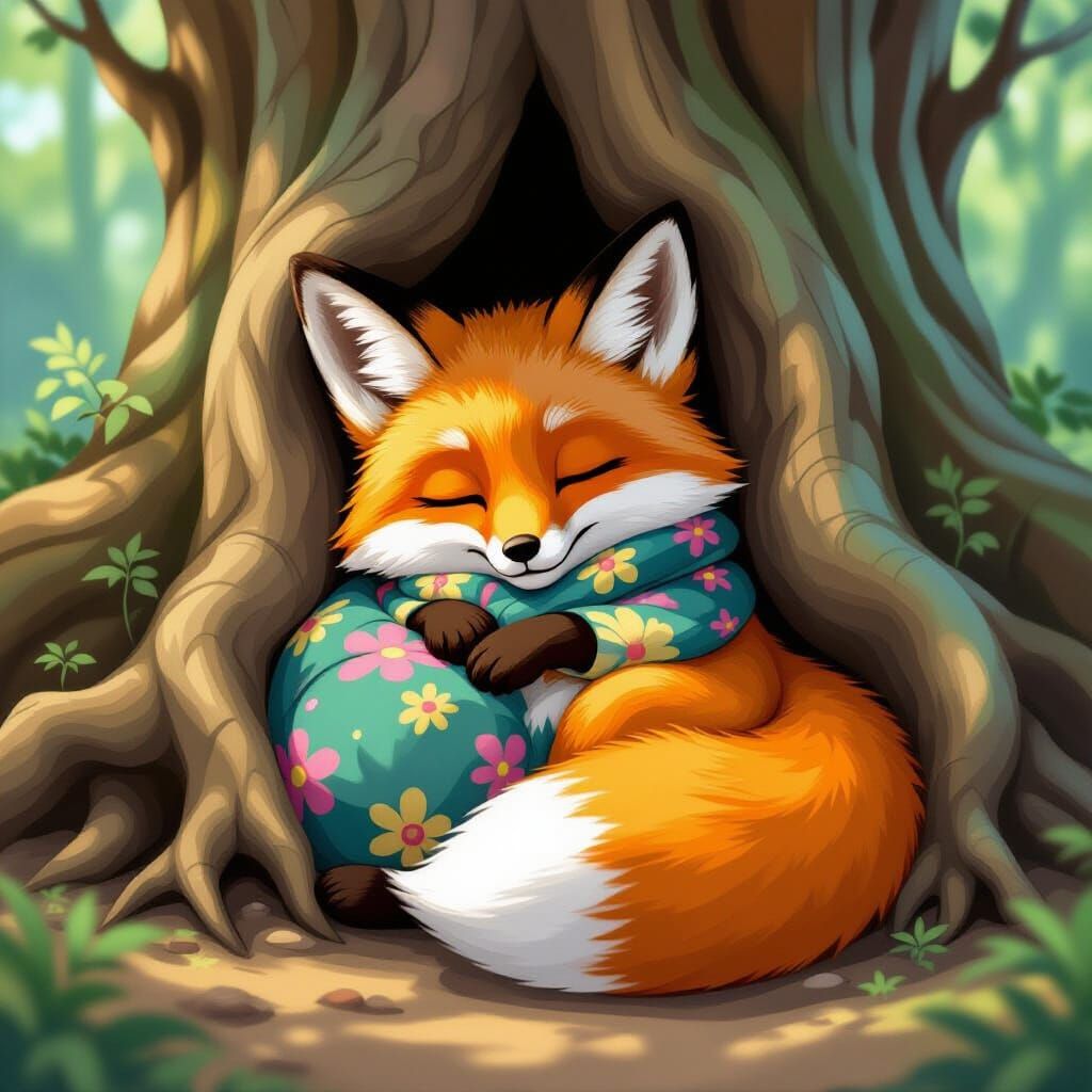 Fox Sleeps in Roots with Vibrant Colors