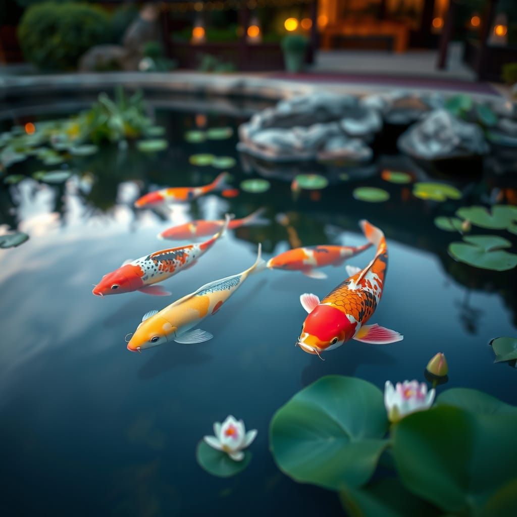 Serene Koi Pond at Twilight: Professional Photography