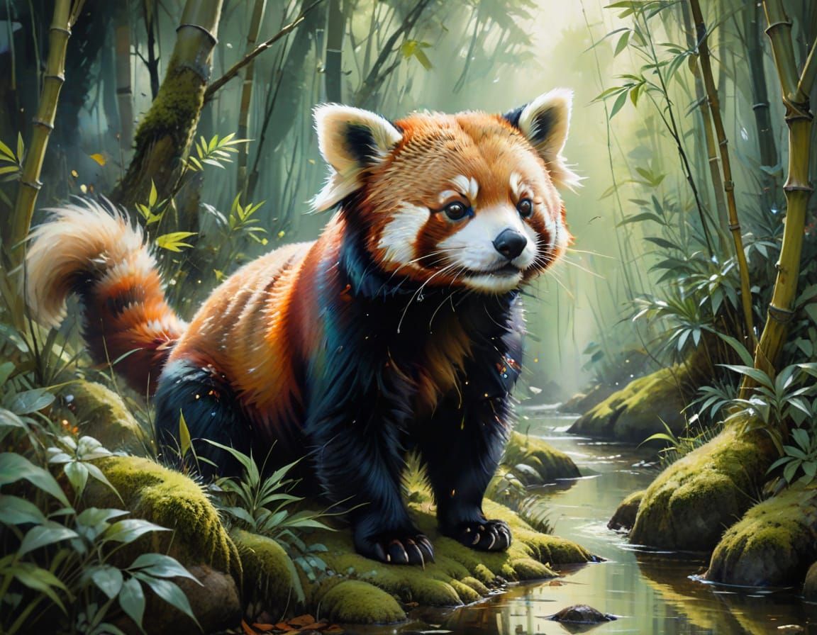 Red Panda in Bamboo Forest: Watercolor and Digital Art