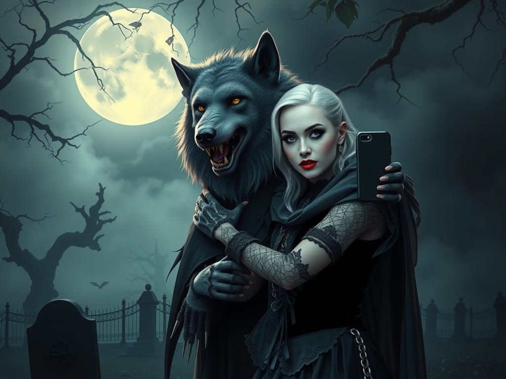 Gothic Vampire and Werewolf Share a Haunting Moment Under th...