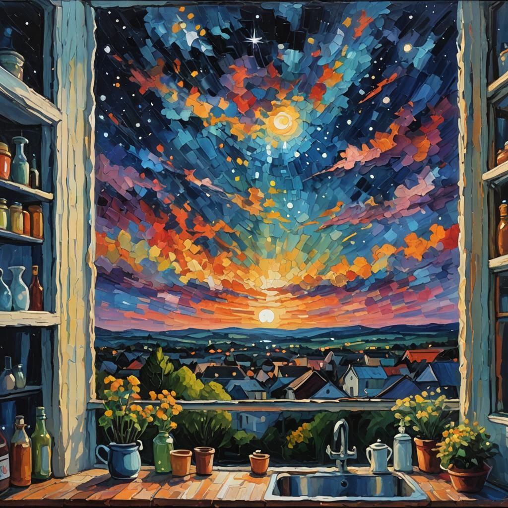 Night Sky View: Neo-Impressionist Expressionist Oil Painting