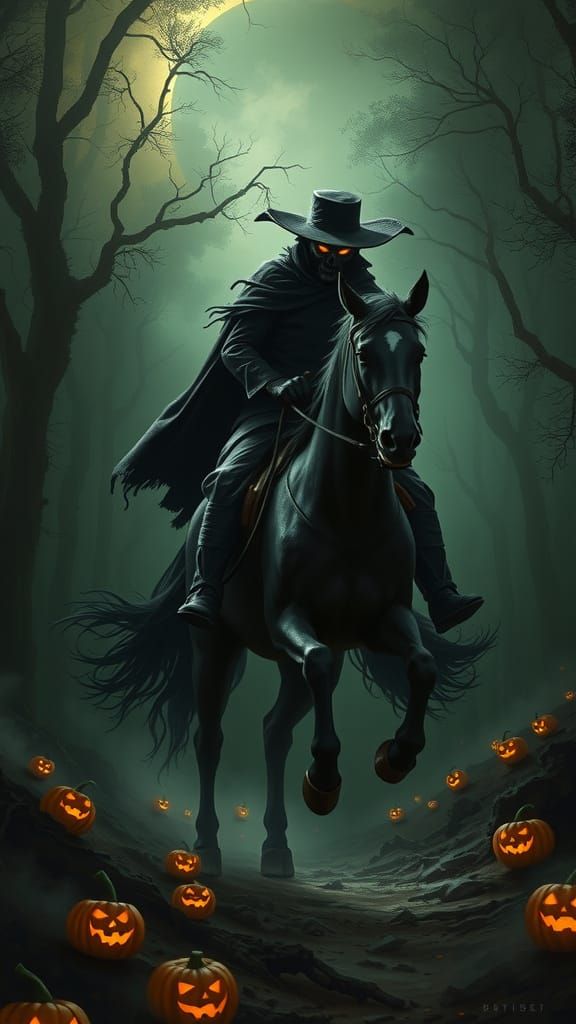 Ethereal Headless Horseman Rides into a Haunted Forest