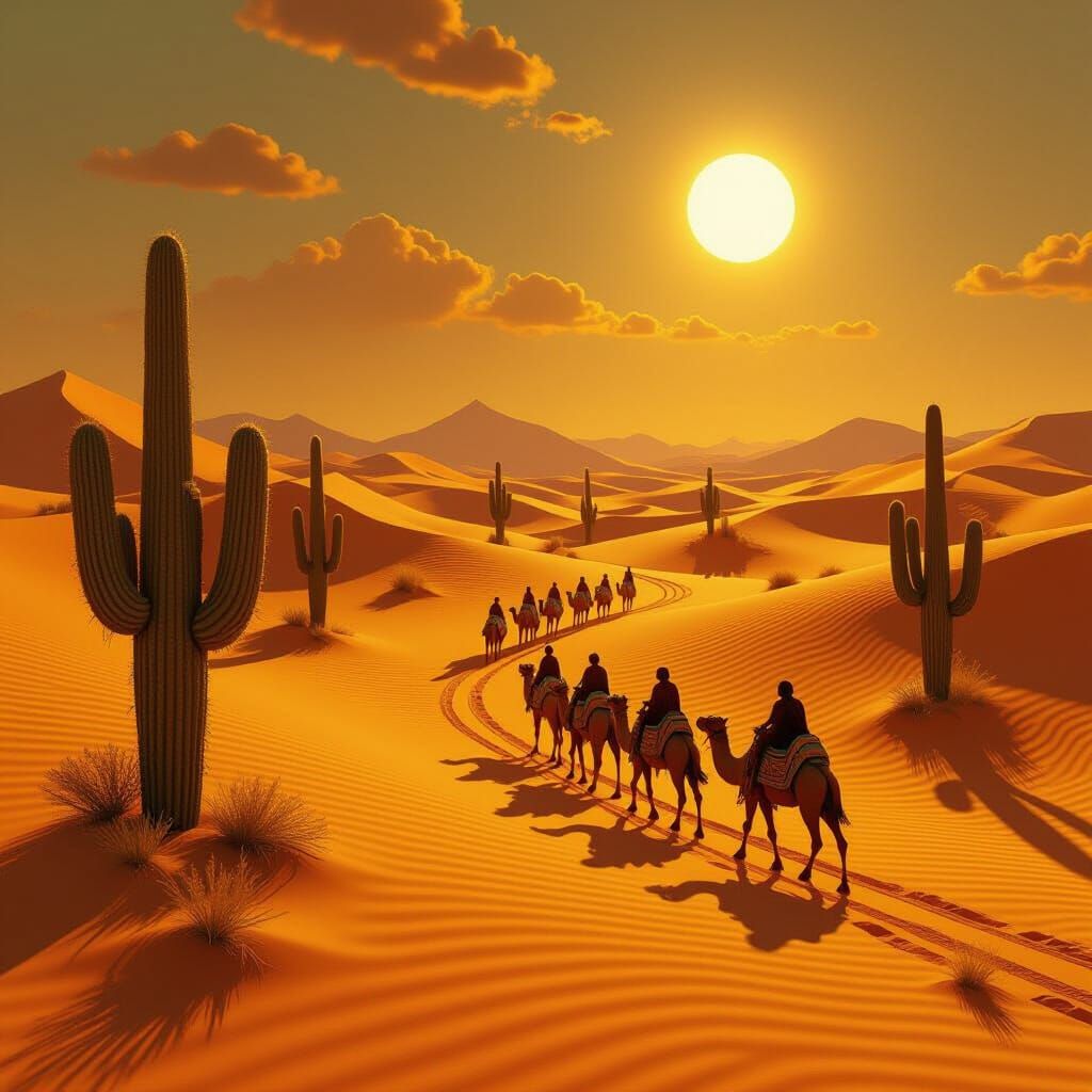 Alien Saffron Desert with Honey Cacti Under Twin Suns